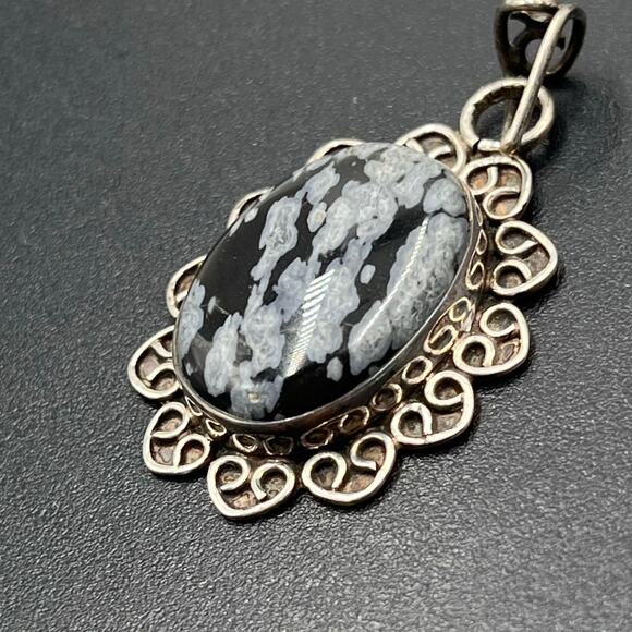 Black White Snowflake Obsidian and Sterling Silver For Balance Protect Pendant - Picture 5 of 7